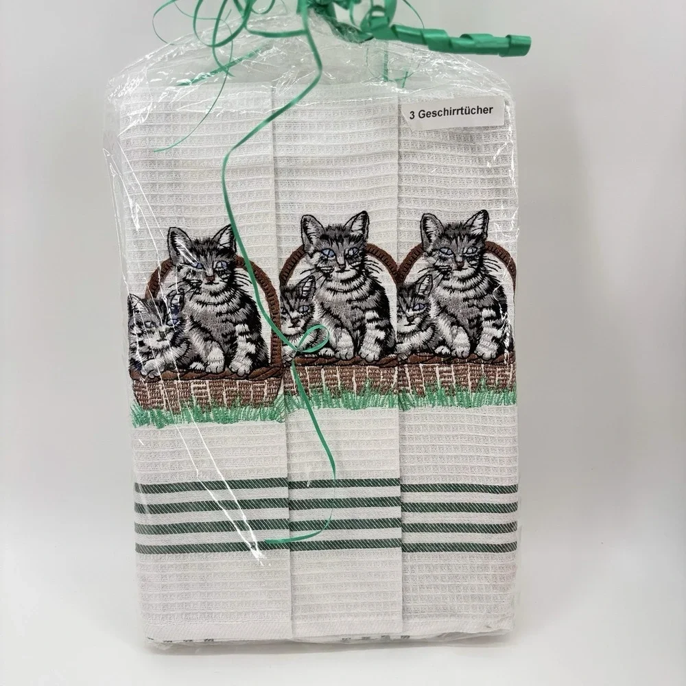 Set Of 3 Kitchen Towels Embroidered Cat And‎ Kitten New White Geschirrtucher